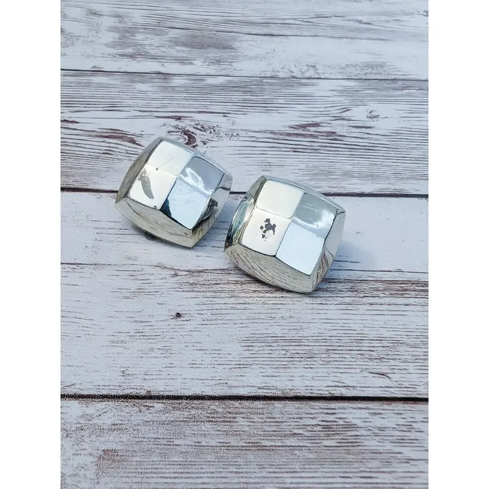 Vintage Clip On Earrings - Chunky Silver Tone - Scuffed